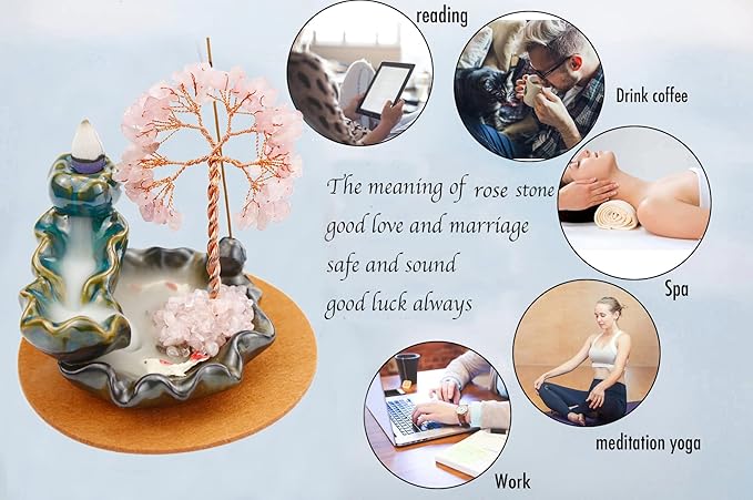 Backflow Incense Holder, Waterfall Incense Burner, Gemstone Money Tree Home Living Room Decorations Office Accessories for Women, Mothers Day Mom Gifts (Rose Quartz)