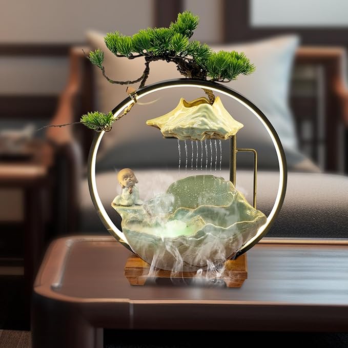 Backflow Incense Holder with Water Fountains and LED Light, Rockery, Meditation Monk and Plants Perfect for Relaxing or Home Decor (Meditation Monk)