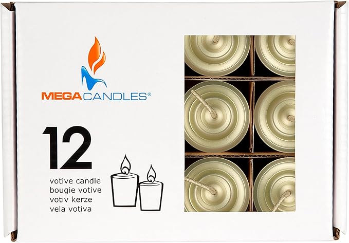 Mega Candles 12 pcs Unscented Gold Votive Candles, Hand Poured Wax Candle 10 Hours 1.38 Inch x 1.5 Inch, Home Décor, Wedding Receptions, Centerpieces, Occasions, Events, Festivities, Meditations