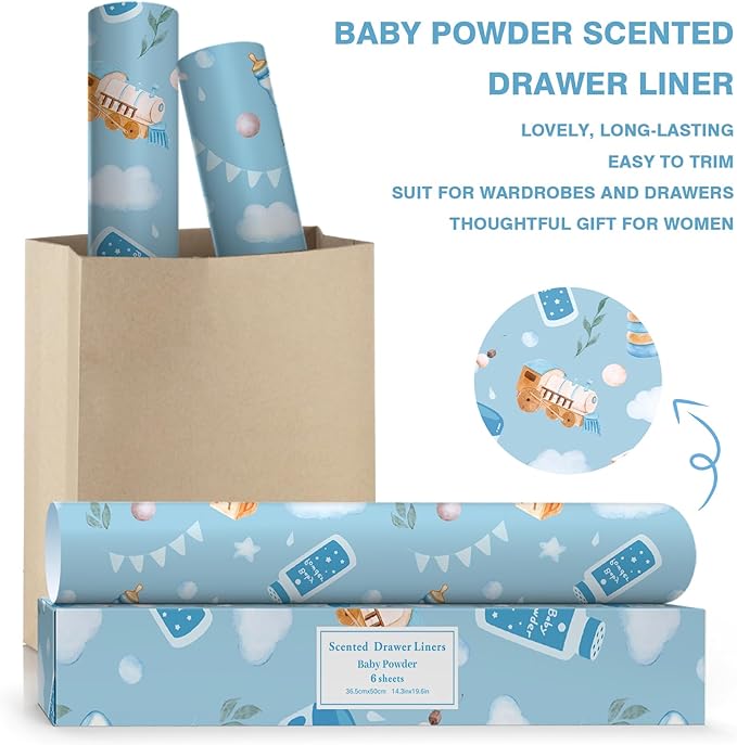SCENTORINI Drawer Liners, 6 Sheets Fragrant Paper Liners,Baby Powder Scent Non-Adhesive Paper Sheets for Home Closet, Dresser Drawers, for Home Fragrance