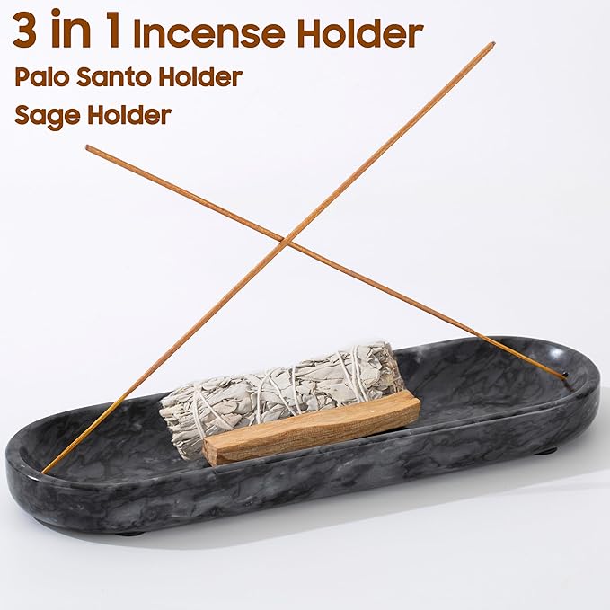 Incense Holder, Natural Marble Incense Burner, Incense Stick Holder for Meditation, insence-Sticks Holder, 10.6inch Ash Catcher (Black)