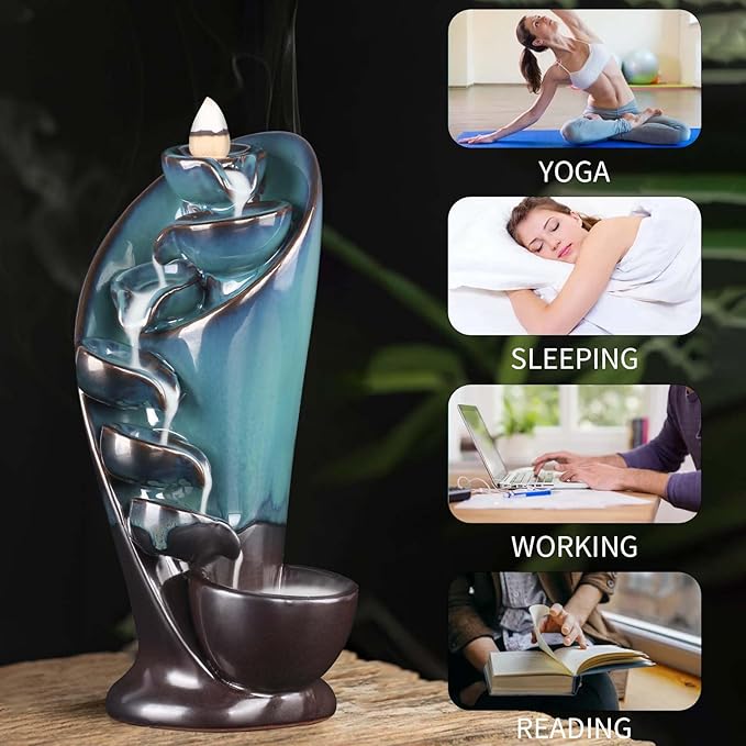 1 Pack Ceramic Incense Burner Waterfall, with 20 Cones and 30 Fragrance Sticks, Backflow Incense Burner Holder, Waterfall Torch Incense Burner, Smoke Fountain, for Room Office Aromatherapy Ornament