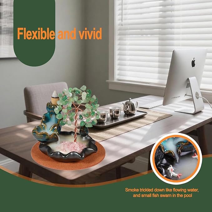 Backflow Incense Burner, Waterfall Incense Holder, Gemstone Money Tree Home Decoration, Office Desk Accessories for Women, House Warming Gifts New Home Fathers Day Dad Gifts