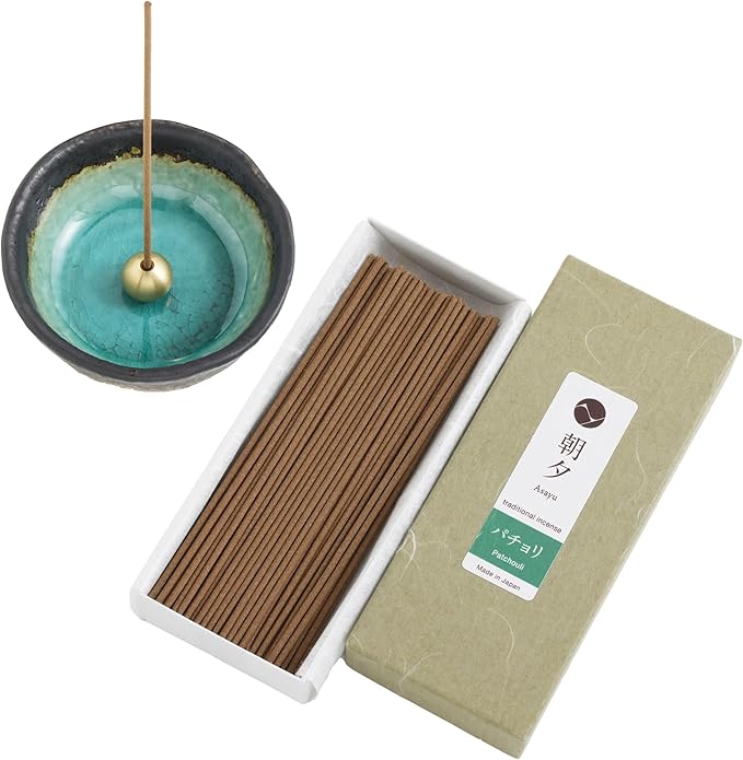 Asayu Japan Traditional Smoke Gift Set with Incense Holder and Brass Stand, Patchouli Incense Sticks with Mini Aquamarine