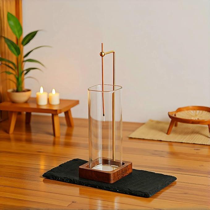 Incense Holder for Sticks with Ash Catcher - Wind Proof Hanging Design, 6x20cm Glass Tube & Spill-Proof Wood Base for 0-2.5mm Sticks, Meditation Yoga Decor (8.5x8.5cm Base)