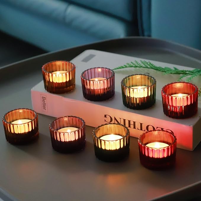 VOHO 4 Colors Tealight Candle Holder Fall Decor Set of 12, Votive Candle Holders for Table Centerpiece, Ribbed Tea Light Candle Holder Glass for Halloween/Thanksgiving/Christmas Decorations/Gifts