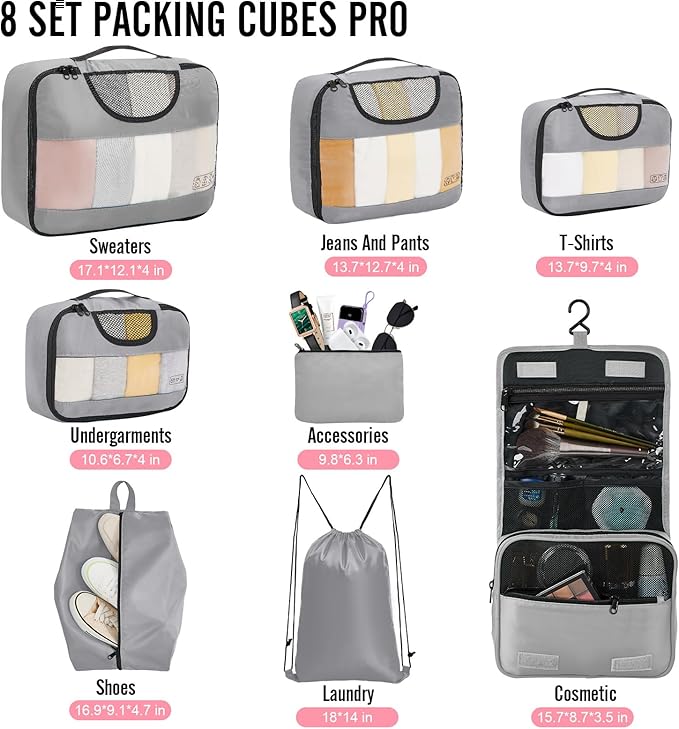 Veken 8 Set Packing Cubes for Travel Essentials, Suitcase Organizer Bags in 4 Sizes, Carry-On Luggage Accessories with Large Laundry & Hanging Toiletry Bag, Must-Have for Airplane, Road Trip & Camping