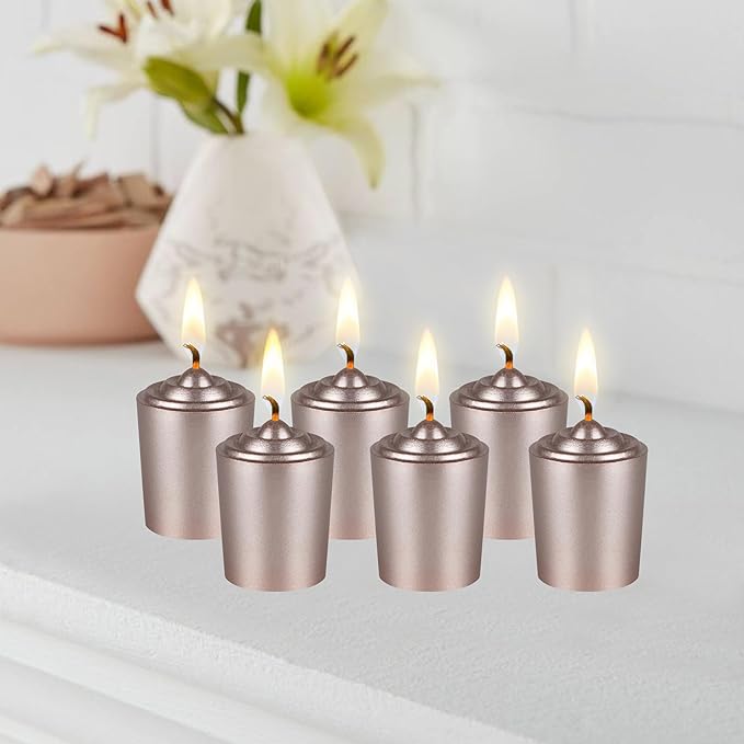 Mega Candles 12 pcs Unscented Rose Gold Votive Candles, Hand Poured Wax Candle 15 Hours 1.5 Inch x 2.25 Inch, Home Décor, Wedding Receptions, Centerpieces, Occasions, Events, Meditations, Holders