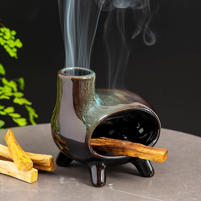 Handcrafted Ceramic Palo Santo Holder Burner with Green Glaze - Modern Footed Pottery Incense Chimney Dish - Great for Meditation - Wood Sticks, Sage, Ash Catcher Bowl, Cone Compatible.