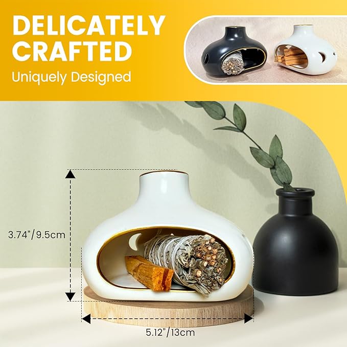 Ceramic Incense Holder Set-Handcrafted Palo Santo&Sage Cone Burner with Holes, Smudge Bowl for Meditation&Yoga-Palo Santo Holder-Home Decor for Relaxation, White