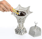 AM Bakhoor Charcoal Incense Burner – Luxury Gold Frankincense Resin Burner for Oud, Bakhoor, Incense Sticks & Cones – Decorative Metal Holder with Removable Lid & Safe Flame Control (Silver)
