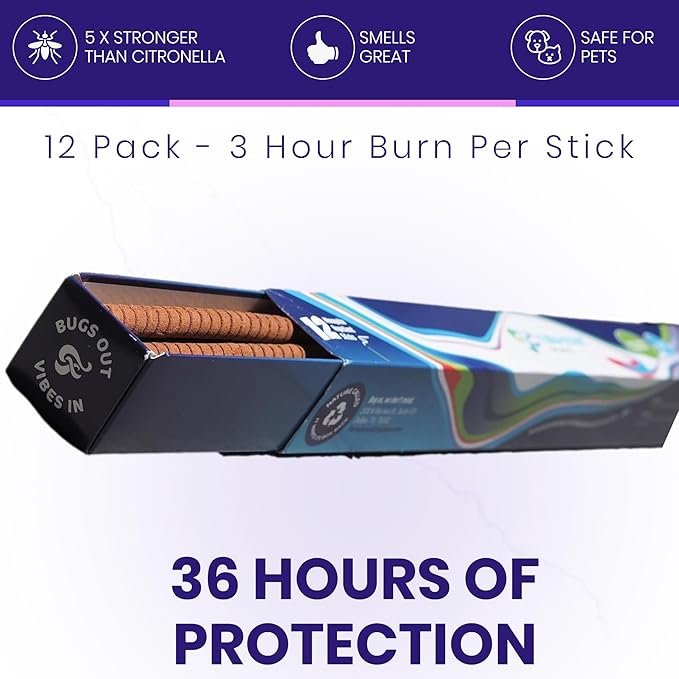 48-Pack All-Natural Incense Sticks, 36-Hour Outdoor Protection, Flora Geraniol, Chemical-Free & USA Crafted