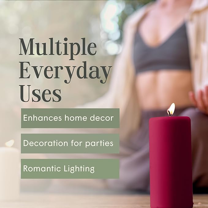 Mister Candle Dripless Unscented Pillar Candles, Set of 3 Hand Poured Burgundy Pillar Candles, Solid Color Non-Scented Candles for Home Decor, Premium Wax, 80 Hr Burn Time, 3x6 Inch