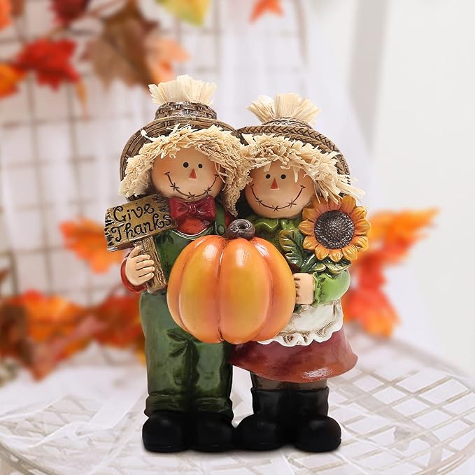 Hodao Fall Thanksgiving Scarecrow Couple Table Decorations Indoor, Resin Thanksgiving Scarecrow Figurines-Fall Thanksgiving Gifts-Fall Decorations for Home