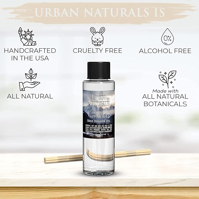 Urban Naturals Reed Diffuser Oil Refill, Crisp Alpine Air Diffuser Oils with Eucalyptus, Pine, Citrus, 4 oz + Free Reed Sticks, Made in The USA