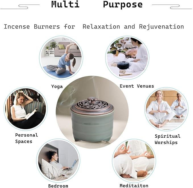 Ceramic Incense Holder with Beauty Lid,Coil Incense Burner for Cone and Powder Incense,Mediation Gift,Home Decor（Light Green）