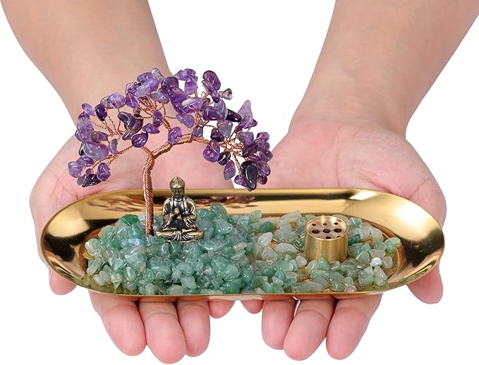 Jovivi Crystal Incense Holder for Sticks, Amethyst Healing Crystal Stone Money Tree Buddha Statue Set Incense Burner, Incense Trays for Wealth, Good Luck,Yoga Meditation Home Decor