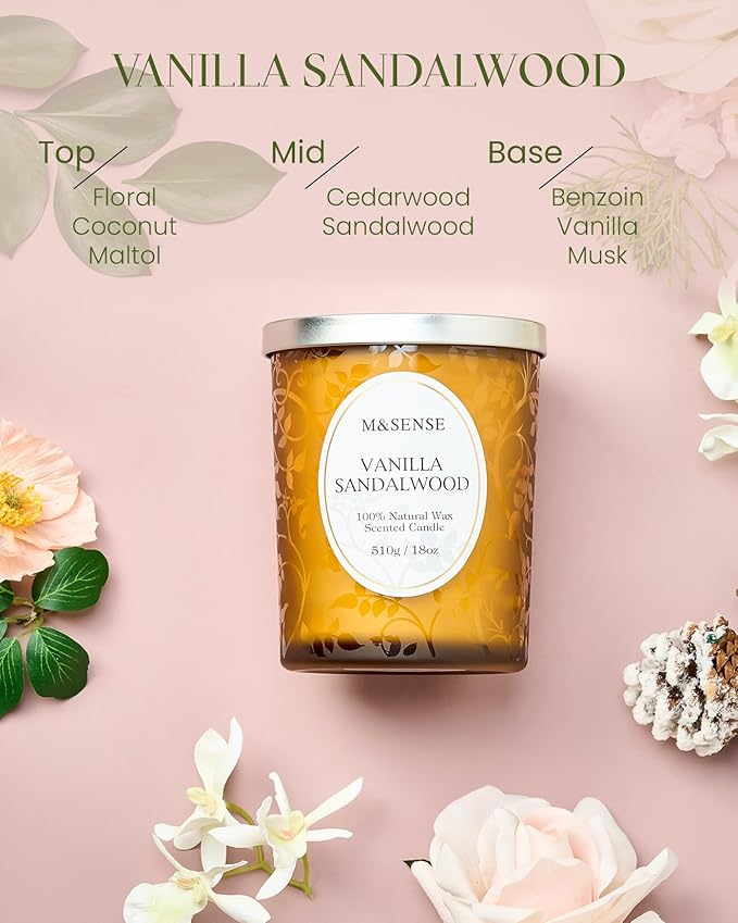 M&SENSE Vanilla Sandalwood Candle, Wooden Wick Strong Scented Candle,100 Hours Slow Burning No Toxin Natural Soy Wax 18oz, Stress Relief Aromatherapy Home Fragrance with Lid, House Warming Gift