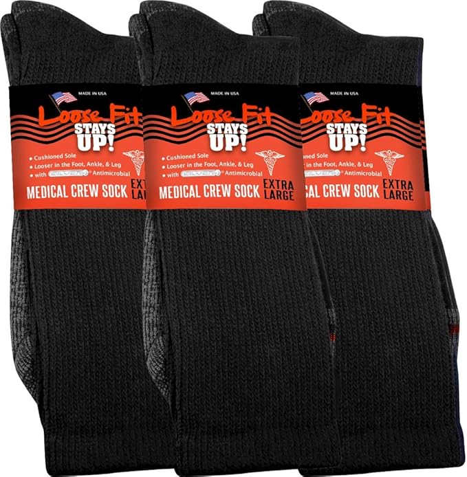 Loose Fit Stays Up Men's and Women's Medical Socks (Pack of 3) Made in USA. Cushioned Sole