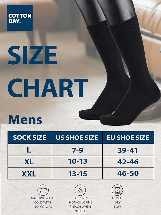 COTTON DAY Men's Premium Soft Combed Cotton Trouser Dress Socks Seamless Toe Black Navy Blue Striped
