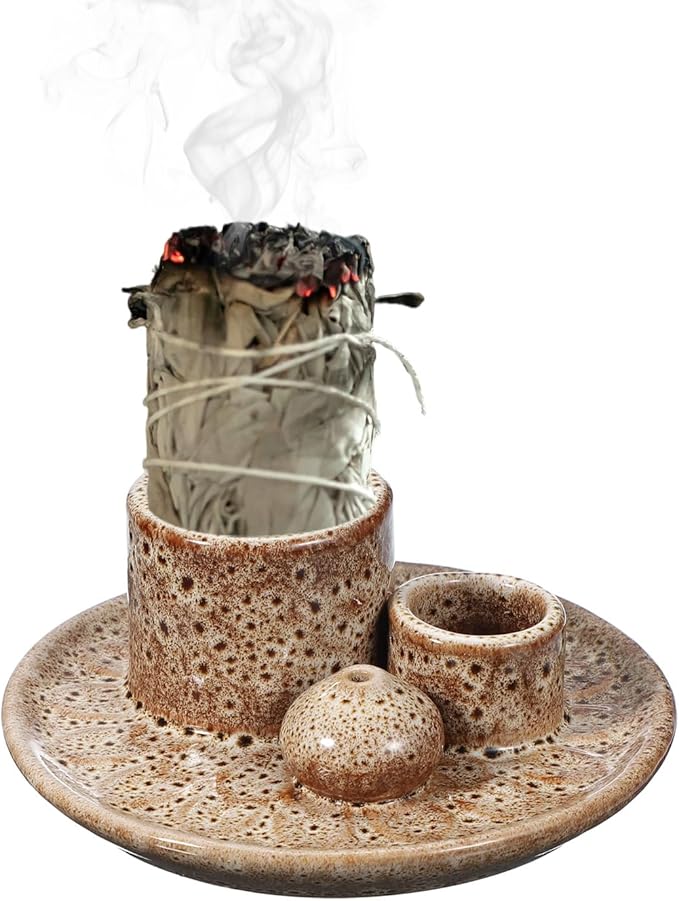 uxcell Incense Burner, 4 in 1 Ceramic Incense Holder Santo Holder Ash Catcher & Candle Holder Decorative Bowl for Meditation Stick Aromatherapy Yoga, Brown