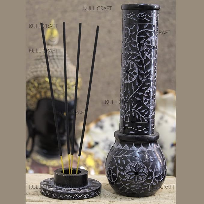 Marble Soapstone Black Incense Stick Holder | Candle Burner | Tea Light Holder - Round Incense Holder Decorative Home and Office Decor - (3 x 3 x 10 Inches)