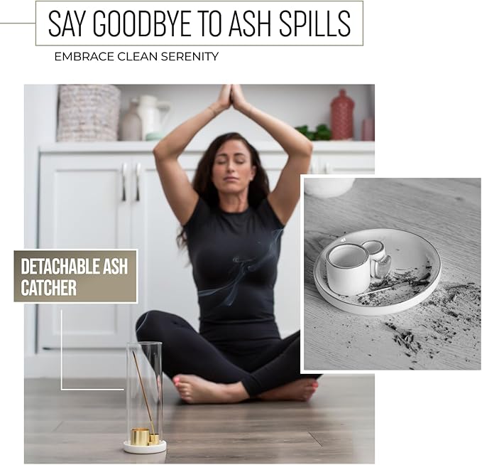 4 in 1 Ceramic Incense Burner with Glass Ash Catcher, Incense Holder for Sticks, Palo Santo, Sage and Cones - Ceramic Ash Catcher Tray for Meditation Yoga Room Home Decor - White