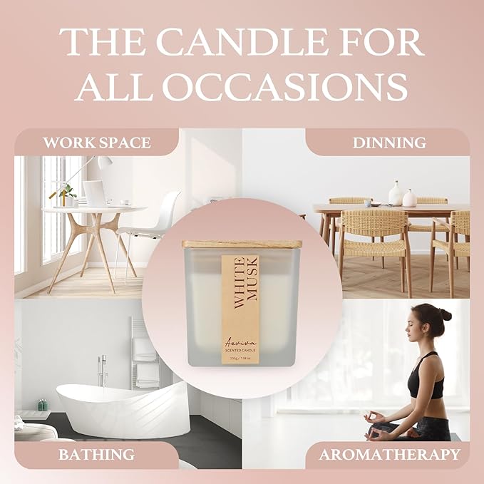Scented Candle, 7.04 oz White Musk Aromatherapy Candle, Natural Soy Wax with Wooden Wick, Candles for Home, 45 Hours Burn Time, Scented Jar Candle Gifts