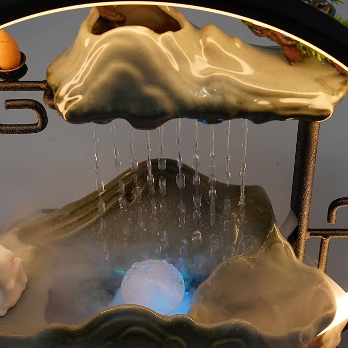 Backflow Incense Holder with Water Fountains and LED Light, Rockery, Deer and Plants Perfect for Relaxing or Home Decor (Deer witn Rockery)