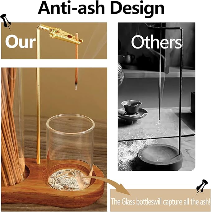 Incense Holder for Sticks with Ash Catcher-2 in 1 Glass Incense Stick & Candle Holder with Storage, Anti-Ash Flying insence-Sticks Burner for Meditation Yoga Spa Home Decor sage (Dark Base)