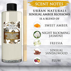 Urban Naturals Reed Diffuser Oil Refill Sensual Amber Blossoms with Jasmine, Freesia, Plum, Orange Blossom, Vanilla 8 oz + Free Reed Sticks, Made in The USA