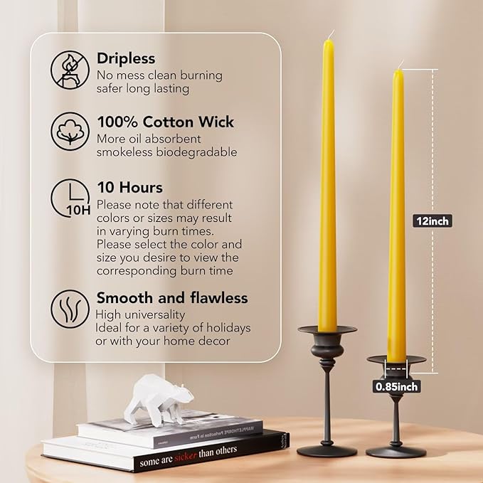 New Burning Formula Unscented Dripless 12-Inch Taper Candles Set of 12 - Lemon, for Wedding, Dinner - Smokeless, Long Burning - Hand Poured, Colored Tall Candlesticks - Limón