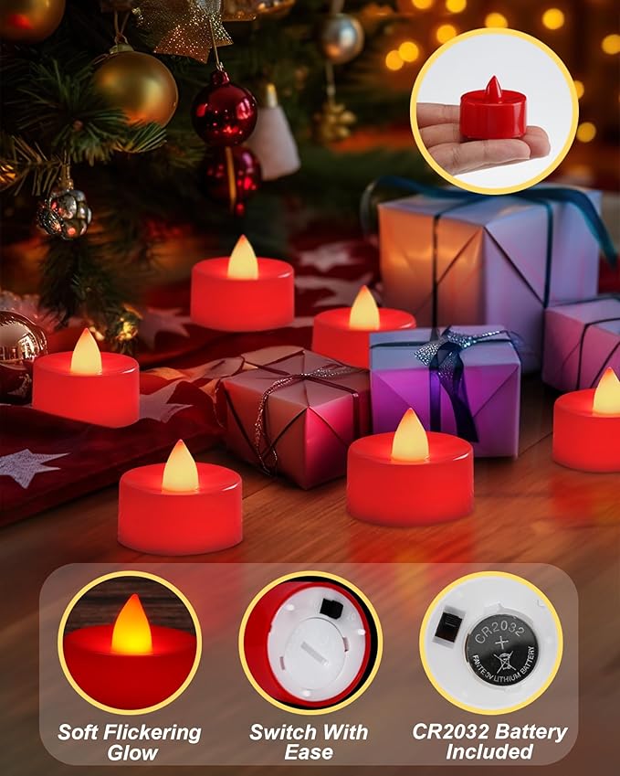 BEICHI Flameless Candles, 24-Pack LED Tea Lights Candles Battery Operated, Electric Fake Tealights, Votive Candles Bulk for Halloween, Christmas, Wedding- Red Light