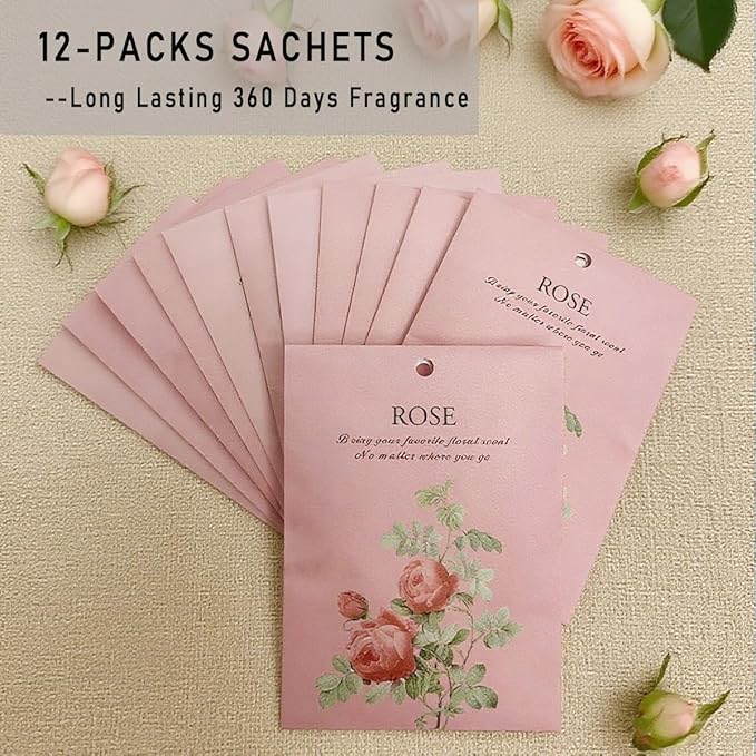 Rose Scented Sachet Bags - 12 Pack Home & Car Freshener, Odor Eliminator for Closets, Rooms, Drawers, Wardrobes, Toilets, Long - Lasting 360 - Day Fragrance