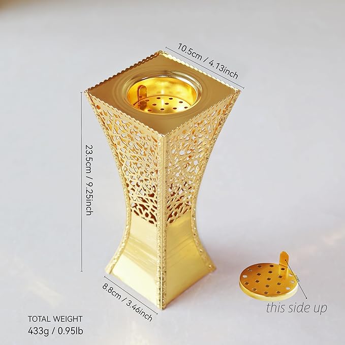 Hand-Carved Charcoal Incense Burner - Bakhoor Burner Magnificent Oud Frankincense Metal Burner for Office & Home Decor - Rust Proof Incense Holders for Yoga Spa Meditation(Gold)