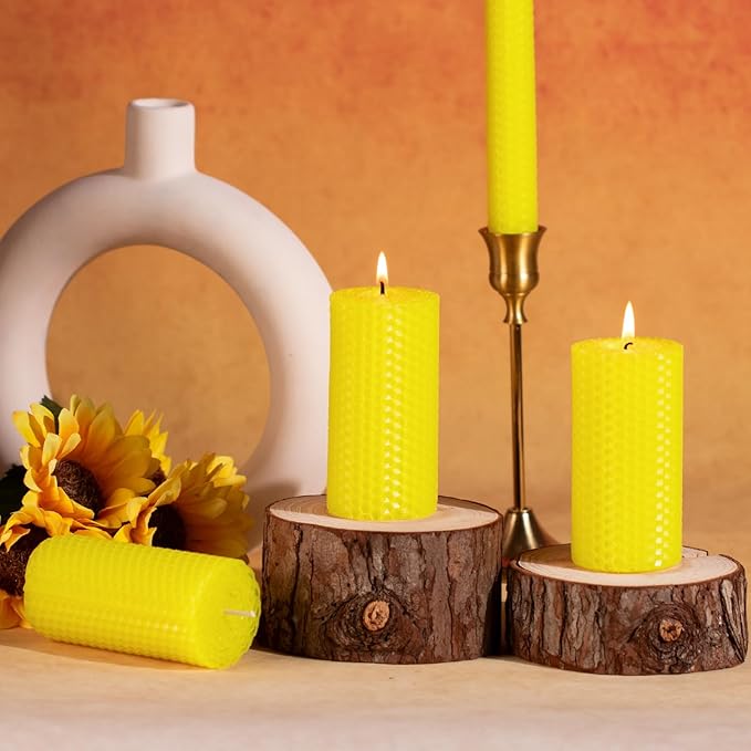 KONNI Beeswax Yellow Pillar Candles Set of 3, 2"x 4" Unscented Pillar Candles Bulk, 20 Hours Long Burning Candles, Smokeless&Dripless Large Round Candle for Wedding, Decoration, Parties, Spas, Dinner