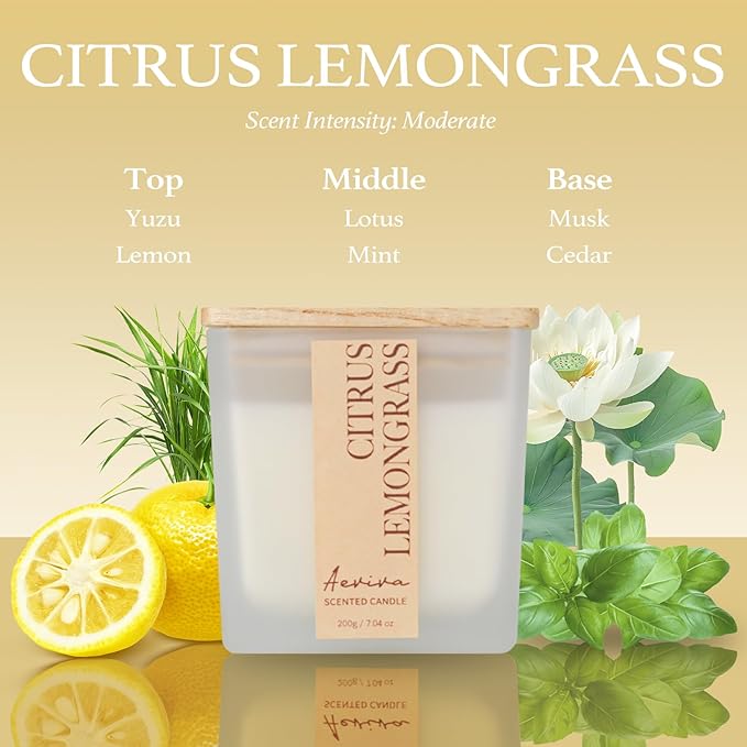 Scented Candle, 7.04 oz Citrus & Lemongrass Aromatherapy Candle, Natural Soy Wax with Wooden Wick, Candles for Home, 45 Hours Burn Time, Scented Jar Candle Gifts