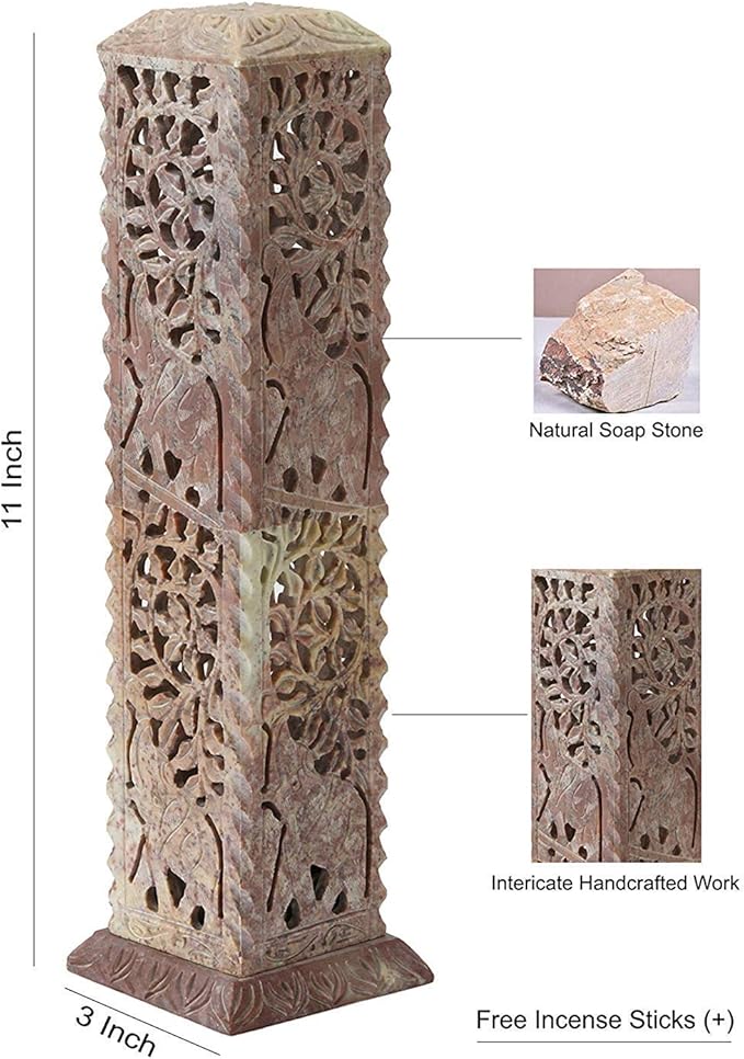 Handmade Carving Soapstone Incense Stick Tower Holder | Incense Stick Tower Burner Holder Spa Aromatherapy Home Office Fragrance Accessories Home Office Decor - (10 X 3 Inches)
