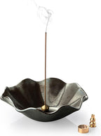 6 Inch Incense Holder with 3 Copper Incense Sockets Lotus Incense Holder for Sticks Modern Insence-Stick Holder for Meditation, Yoga, SPA, Home Decor, Black