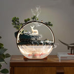 Backflow Incense Holder with Water Fountains and LED Light, Rockery, Deer and Aquariums Perfect for Relaxing or Home Decor (Deer witn Fish Tank)