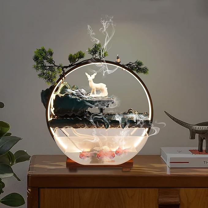 Backflow Incense Holder with Water Fountains and LED Light, Rockery, Deer and Aquariums Perfect for Relaxing or Home Decor (Deer witn Fish Tank)