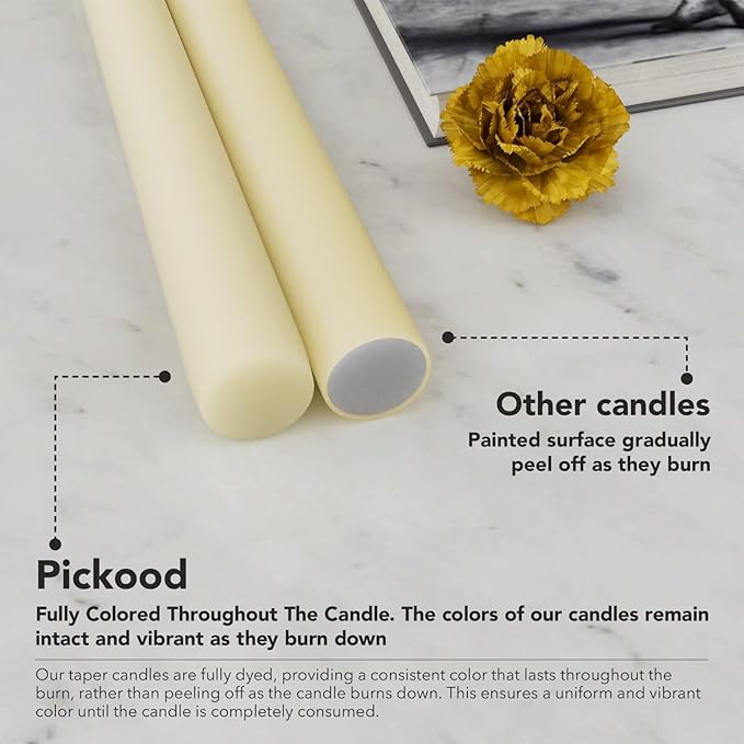 New Burning Formula Unscented Dripless 10-Inch Taper Candles Set of 12 - Ivory, for Wedding, Dinner - Smokeless, Long Burning - Hand Poured, Colored Tall Candlesticks - Marfil
