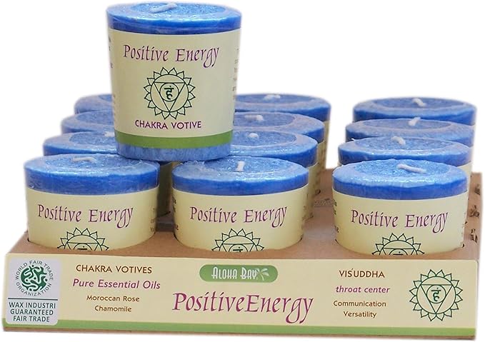 Premium Scented Hand Made Chakra Energy Candle | Votive 12-pack | Positive Energy, Visuddha| Yoga, Prayer & Meditation Candle | Long Burn |Essential Oils Moroccan Rose, Chamomile | Aloha Bay