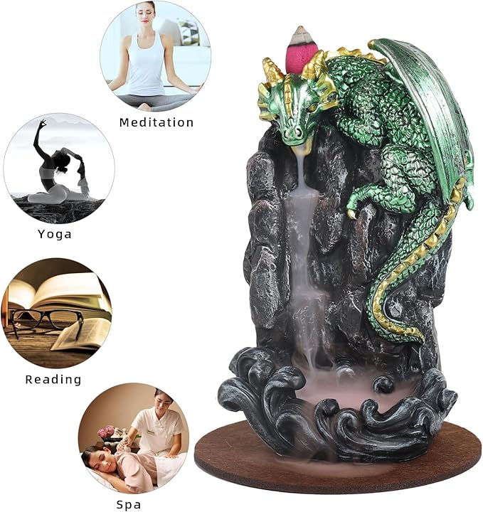 Dragon Backflow Incense Holder Waterfall Incense Burner, with 100 Backflow Incense Cones,1 Mat,1 Tweezers，Aromatherapy Ornamental for Home Office Yoga （Green Dragon）