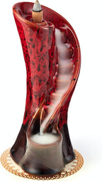 Unique Cloud Stairs Ceramic Waterfall Incense Holder, Paired with a Pack of Backflow Incense Cones. (Fambe Red)