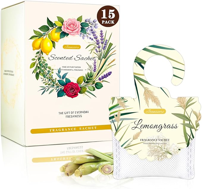 15 Packs Lemongrass Scented Sachets Bag for Drawers and Closets, Air Freshener for Home Fragrance Sachet, Long-Lasting Hanging Closet Deodorizer Smell Goods for House