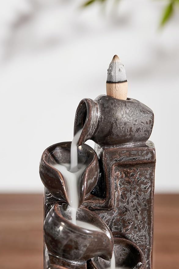 Unique Cascading Basins Ceramic Waterfall Incense Holder, Paired with a Pack of Backflow Incense Cones. (Metallic)