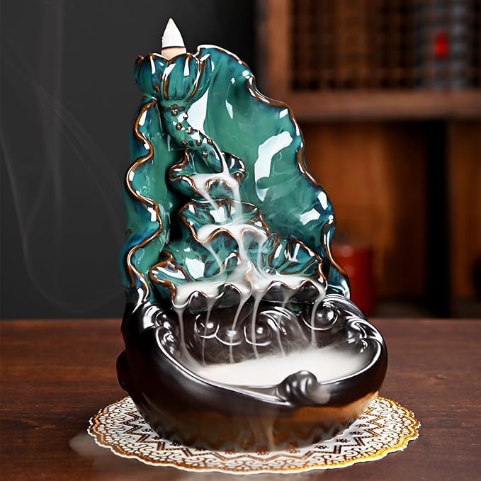 Mountain Waterfall Incense Burner，Backfall Incense Holder River, Incense Falls Meditation Decor for Room with Upgrade Incense Cones and Accessories (Lotus Leaf)