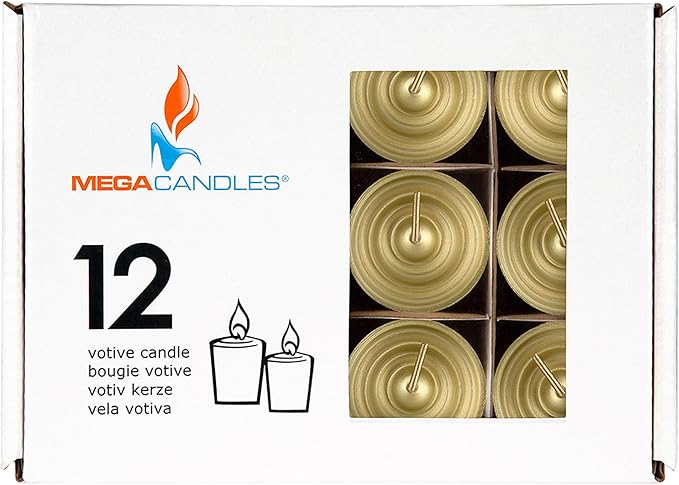 Mega Candles 12 pcs Unscented Gold Votive Candles, Hand Poured Wax Candle 15 Hours 1.5 Inch x 2.25 Inch, Home Décor, Wedding Receptions, Centerpieces, Occasions, Events, Meditations, Holders