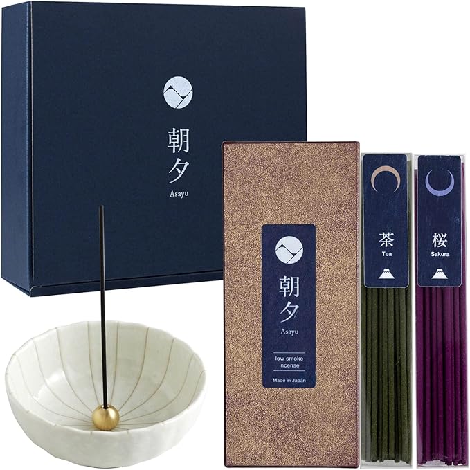 Asayu Japan Low Smoke Incense Gift Set with Incense Holder and Brass Stand, Premium Japan Set (Sakura & Green Tea) Incense Sticks with White Lotus Incense Holder